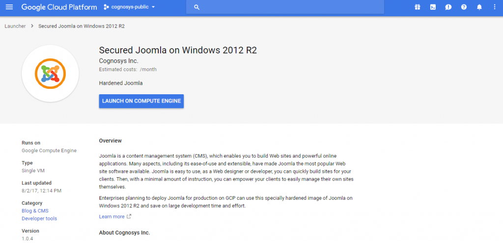 launch joomla on windows on compute engine